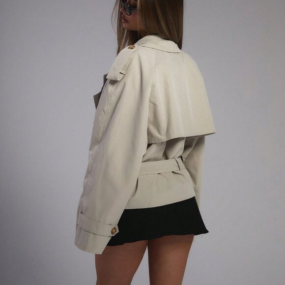 Casual Women's Oversized Tie Waist Short Trench Coat - Picture 3 of 5
